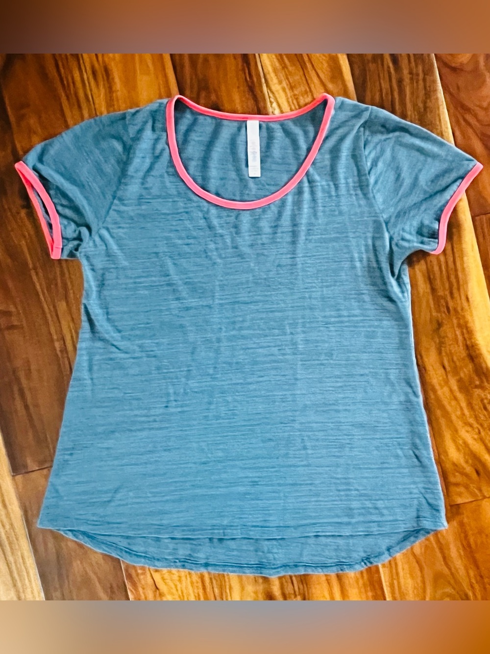LuLaRoe Blue Tee with Coral/Salmon Trim